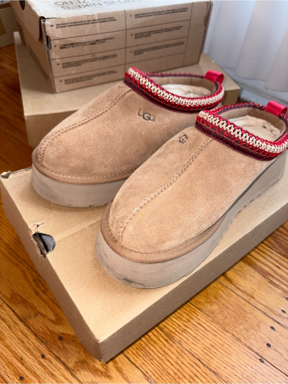 UGG Tan Suede Platform Clog with Red Knit Trim